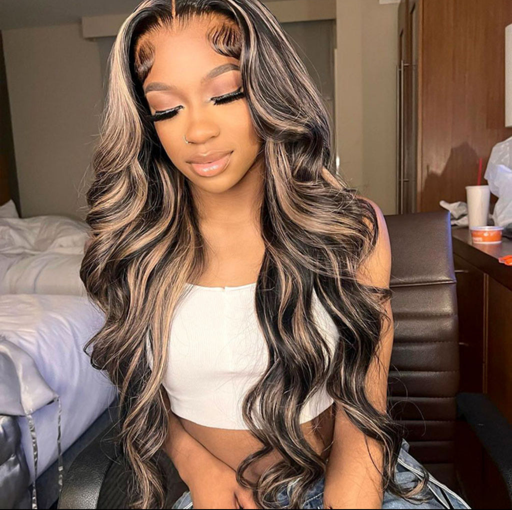 Honey Blonde Highlights On Body Wave Lace Front Wig