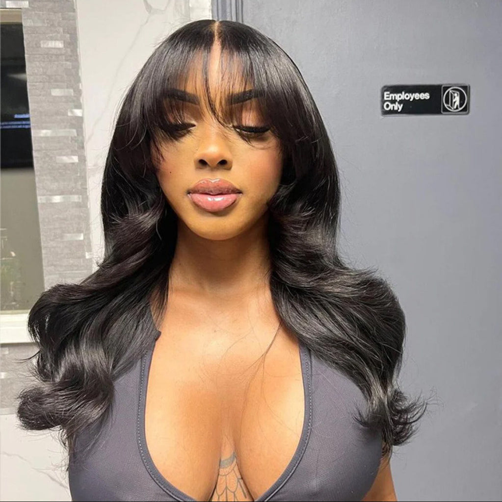 Natural Wavy Curtain Bangs Human Hair Glueless 5x5 Lace Closure Wigs