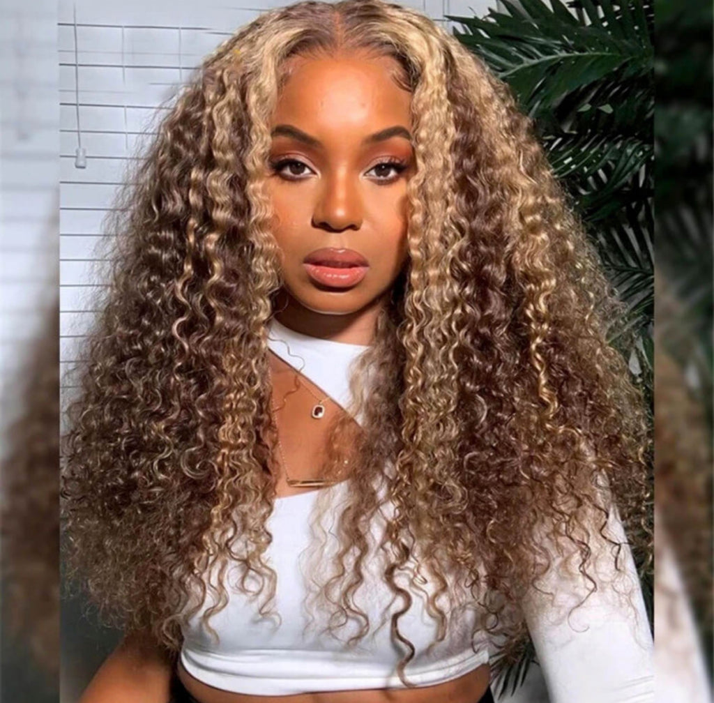 Curly Brown With Blonde Highlights Pre-Cut HD 5x5 Closure Wig