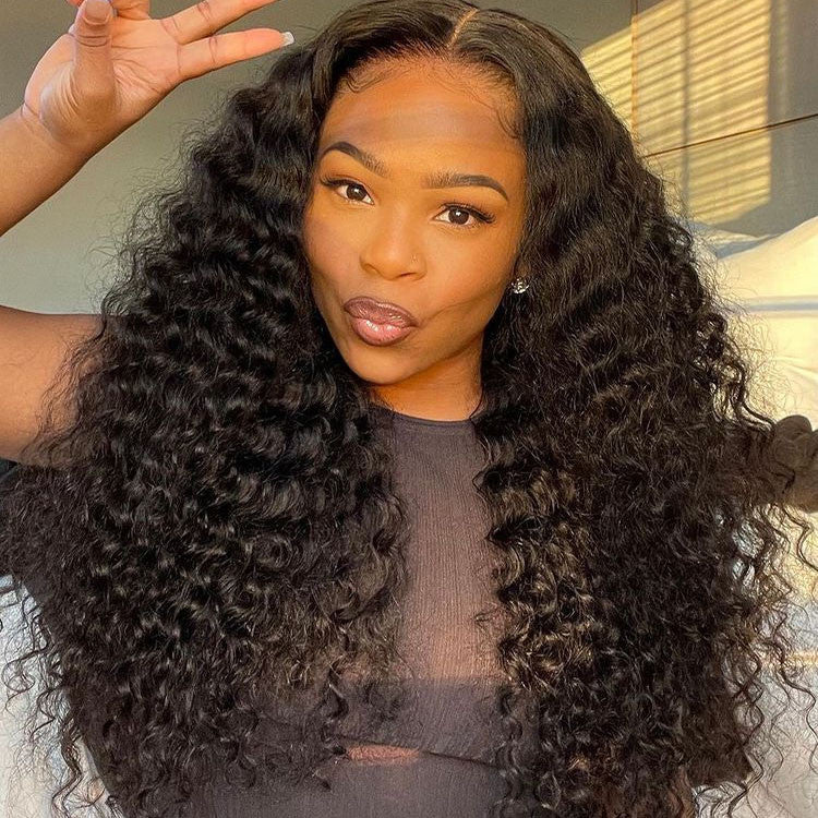 Deep Wave Natural Black Color Full Lace Wig 180% Density