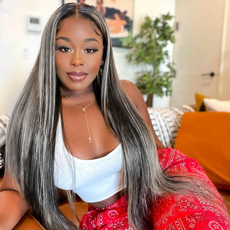 Grey Highlights Straight Mixed Gray Lace Front Wig