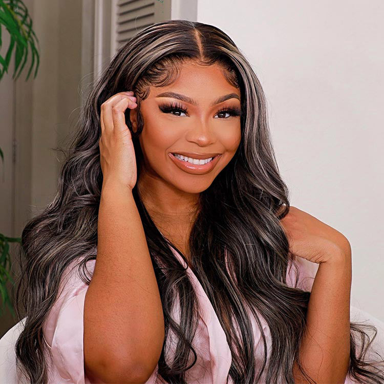 Body Wave Black With Gray Highlights Lace Front Wig