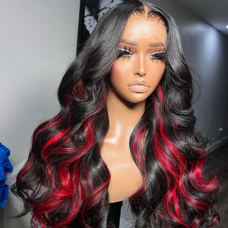 Red Highlights On Black Body Wave 13x4 Lace Front Wig