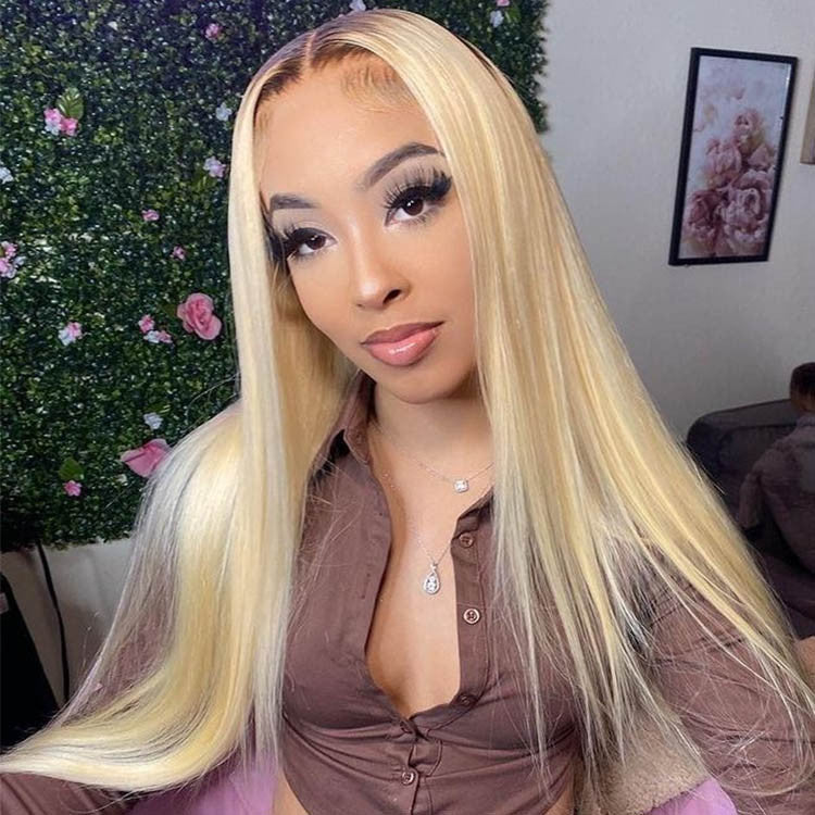 Straight Blonde Full Lace With Brown Roots 180% Density Wig