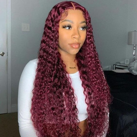 99J HD Lace Front Wigs Pre Plucked Burgundy 13x6 Deep Wave(34 Inch)